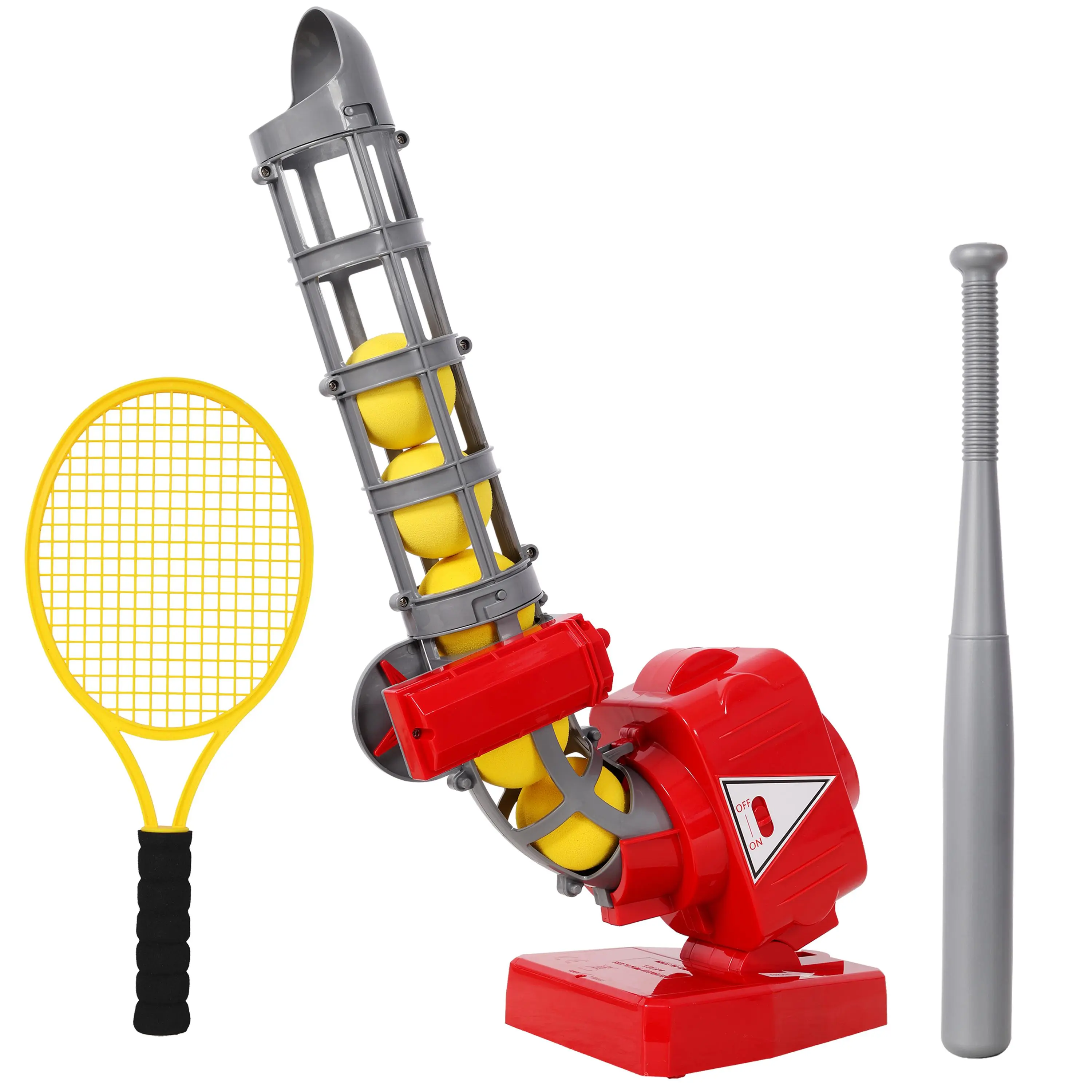 Kids Automatic Baseball Pitching Machine, Adjustable Ball Launcher Trainer, Tennis Practice Machine with Bat & Racket, Outdoor Sports Toy for Boys Girls