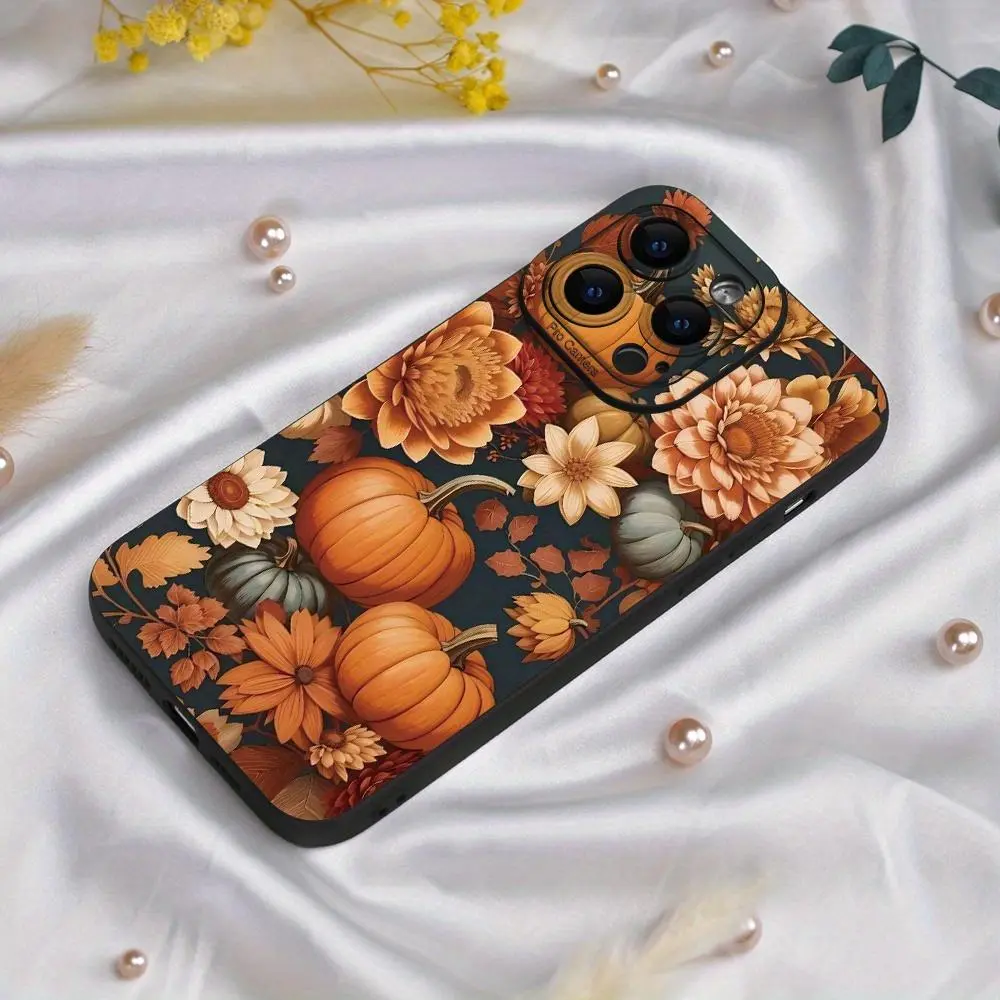 Flower & Pumpkin Pattern Phone Case, Anti-drop Phone Protective Cover, Phone Accessory Compatible with iPhone 11 12 13 14 15 16 17 Pro Max