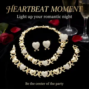 4pcs Set Of Fashionable Luxury Heart-shaped Design Necklace Bracelet Earring Ring Jewelry Set Set Inlaid With Shiny Synthetic Zirconia Women Romantic Engagement Wedding Jewelry Gift