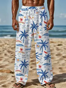 Blue and white maple leaf silhouette refreshing simple and casual long pants