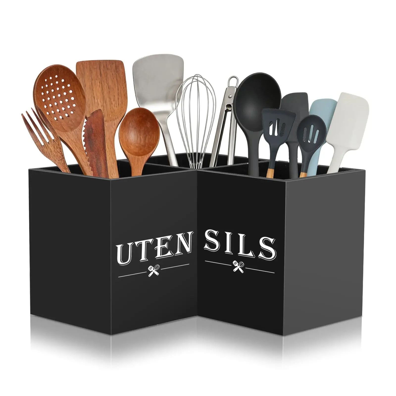 Large Black Wooden Kitchen Utensil Holder, 3 Compartments Countertop Cooking Spatula Spoon Storage Organizer for Kitchen