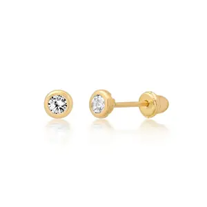 14KT Gold Bezel Earrings, Real 14KT Gold With Cubic Zirconia, 3MM - 6MM