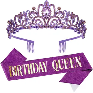 F-HDW03  Happy Birthday Queen Violets Tiara Crowns for Women, Birthday Girl Sash, Party Favors & Decorations