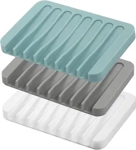 Self Draining Soap Holder 3 Pcs, Silicone Soap Saver with Waterfall Drain, Non Slip Tray for Bathroom Kitchen, Keeps Soap Bars Dry Longer