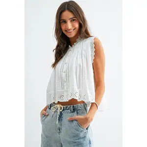Broderie Anglaise Sleeveless Cotton Blouse: WHITE