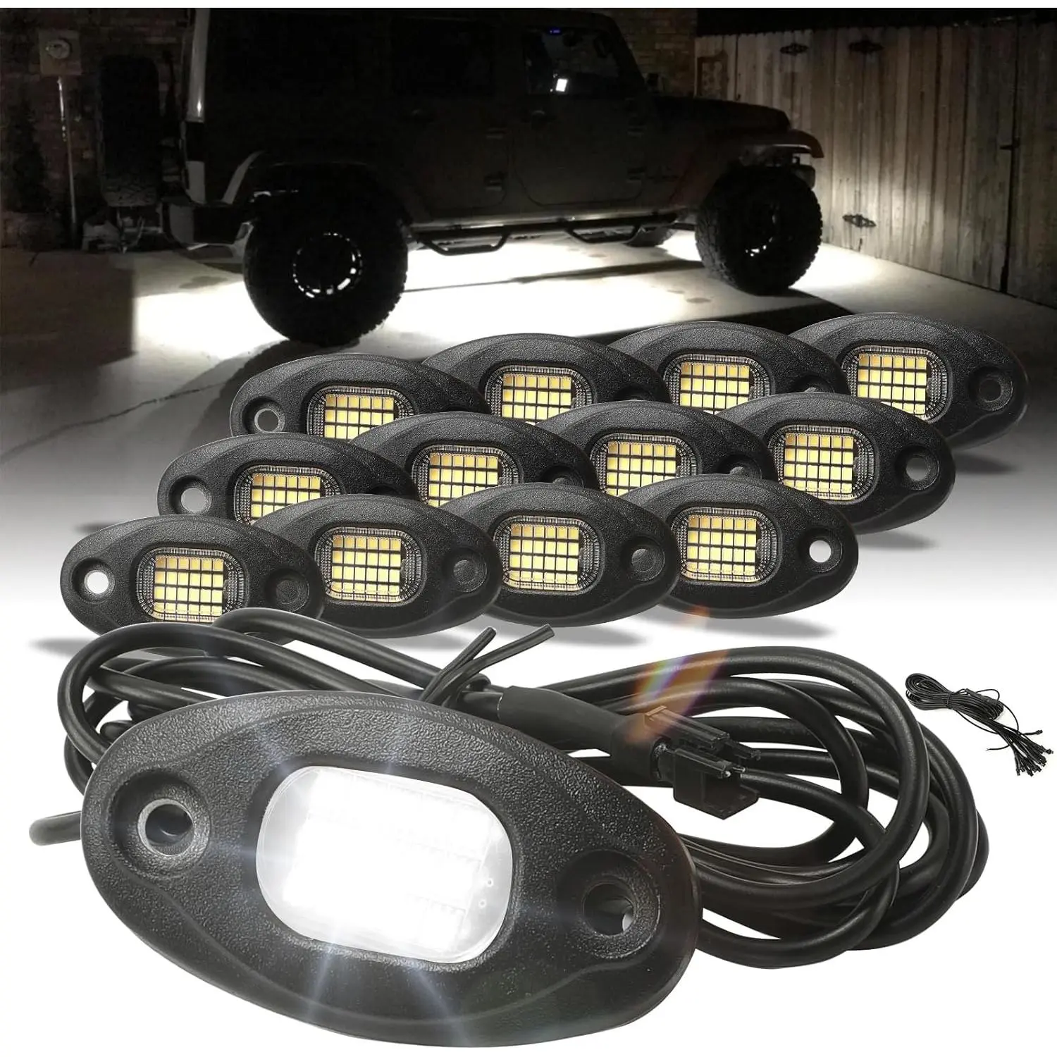 SUNPIE 12 Pods Aluminium Metal White Rock Lights, Quick Connect , 24 High Power Chips, 4M Extension Wires Each, 6000K Pure White, Mounting Pads, IP67 Waterproof, Fits for Trucks Trailer SUV ATV UTV