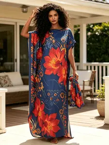Women's Floral Print Kaftan Set, Loose-Fit Batwing Sleeve Dress + Scarf, Muslim Style Casual Elegant Resort Wear, Plus Size, Ethnic Print Kaftan