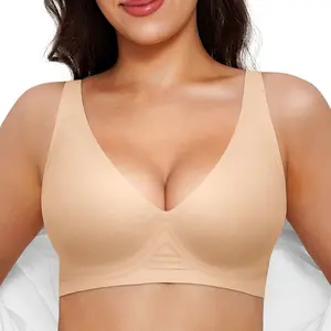 Popilush Wireless Deep V Bra – Seamless No Underwire Push Up Supportive W-Shaped Soft Support Bralette Everyday T-Shirt Bra