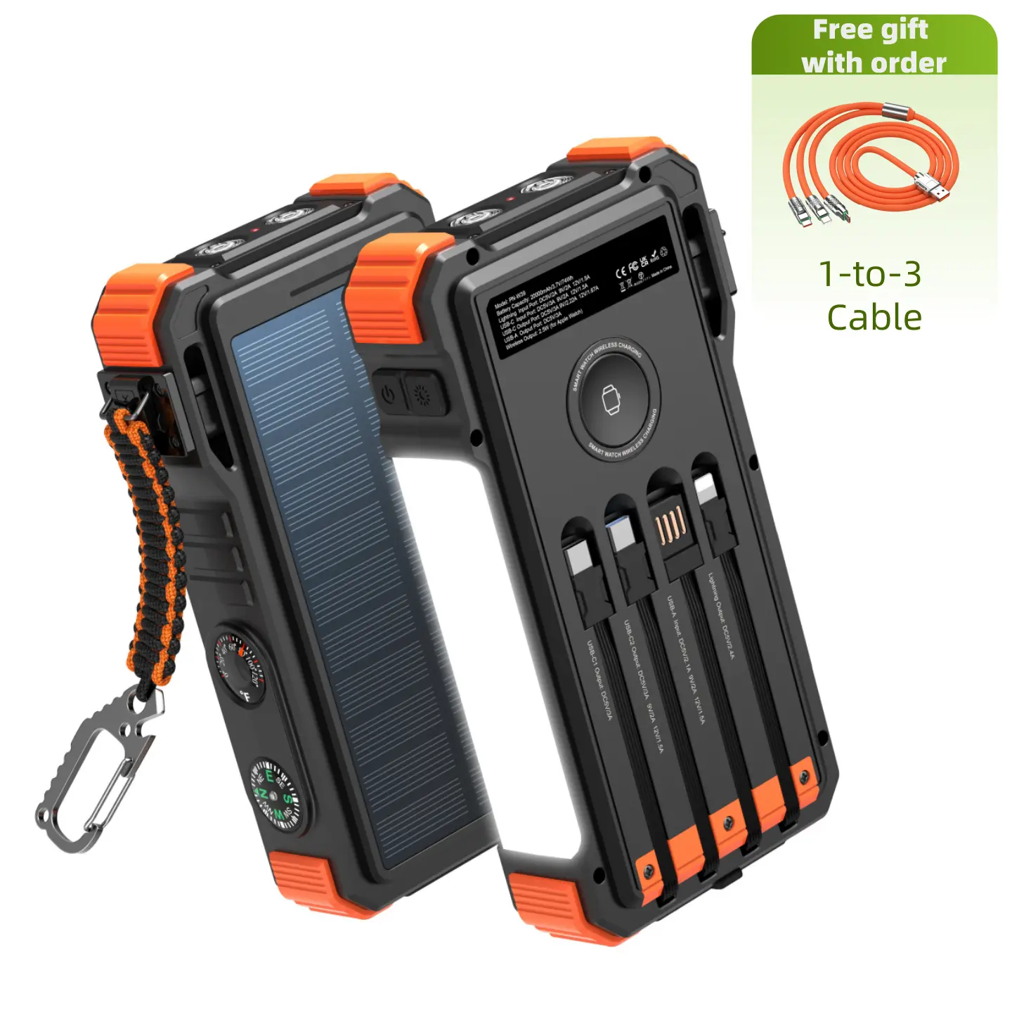 20000mAh Solar Charger Power Bank - 20W Fast Charging, 4 Built-in Cables, USB-C Port, Flashlight, Camping Light, Carabiner, Smart Watch & Mobile Phone Compatible, EDC Gear, Everyday Carry, International Travel, Battery Anxiety & Charging Solutions