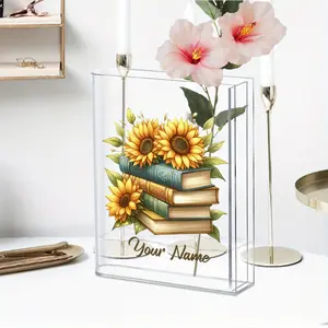 Customizable Name Book Vase - Acrylic Transparent Vase, Personalized Cute Book Vase for Book Lovers, Retro Romantic Sunflower Design with Stacked Books Pattern, Modern Decorative Vase Suitable for Home, Office, Bedroom, Living Room, Dining Table, Unique