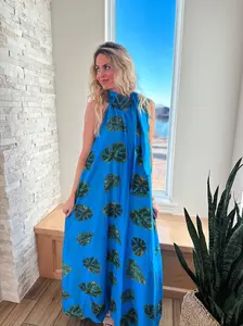 Entro Blue Palm Tie Neck Maxi Dress