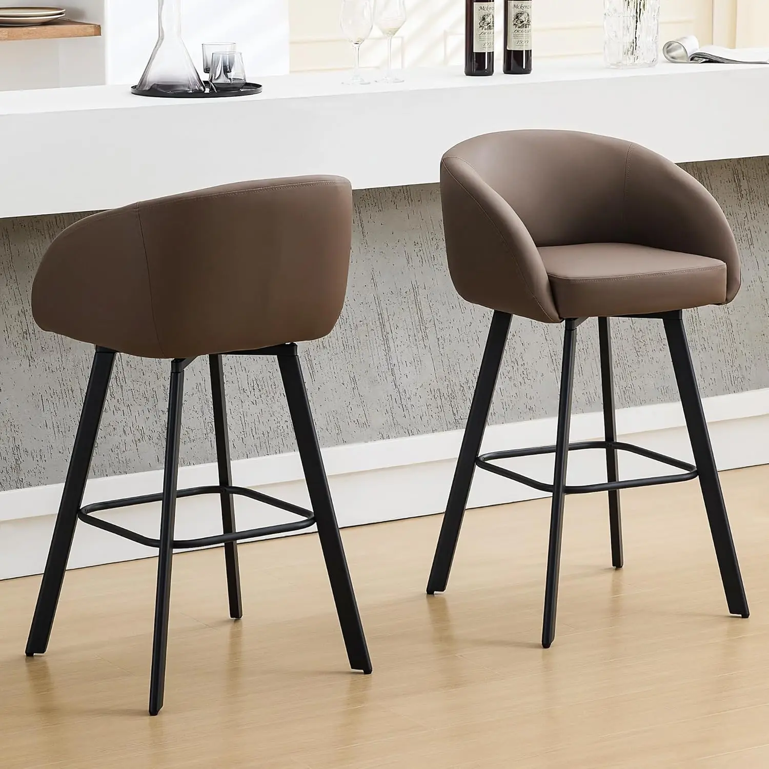 FIRAVOE Modern Bar stool Set of 2-4, 26-30" Swivel Bar Height Chairs with Back and Arms, PU Leather Upholstered for Bar, Kitchen.
