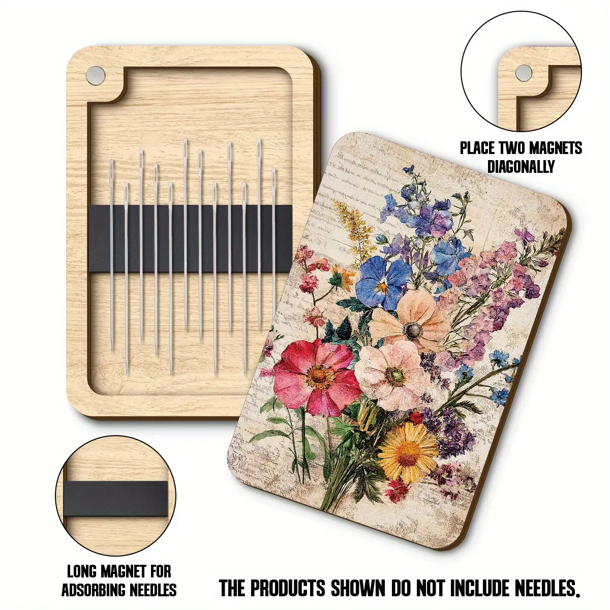 1set Sewing Supplies Storage Box, Spring Flower Theme Needle Holder, Magnetic Needle Case, Sewing Needle Case, Magnetic Needle Holder, Sewing Essential, Magnetic Design Perfect Closure, Durable Wooden Box, Decorative Wooden Box