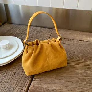 Retro Suede Bucket Handbag for Women, Solid Color Mini Tote Shoulder Bag for Casual Outings