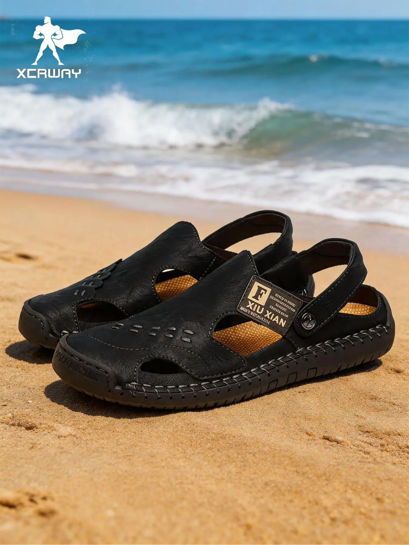 Summer Men's Fashion Slip-On Sandals, Hand-Stitched Lightweight Breathable Beach Shoes Water Sandals, Anti-Slip Rubber Sole, Comfortable Daily Wear