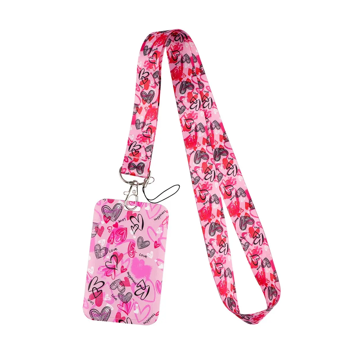 Pink Heart Pattern Lanyard for Keys Chain USB Work ID Credit Card Cover Pass Mobile Phone Charm Women Neck Straps Badge Holder Key Ring Accessories Keychain Lanyard
