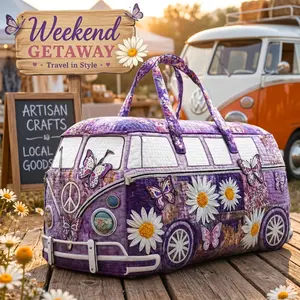 Purple Butterfly Daisy Quilted Duffel Bag for Women, Retro Hippie Van Weekender Travel Bag, Large Capacity Overnight Tote, Boho Floral Gym Bag for Camping, Road Trips, Vacation & Weekend Getaways