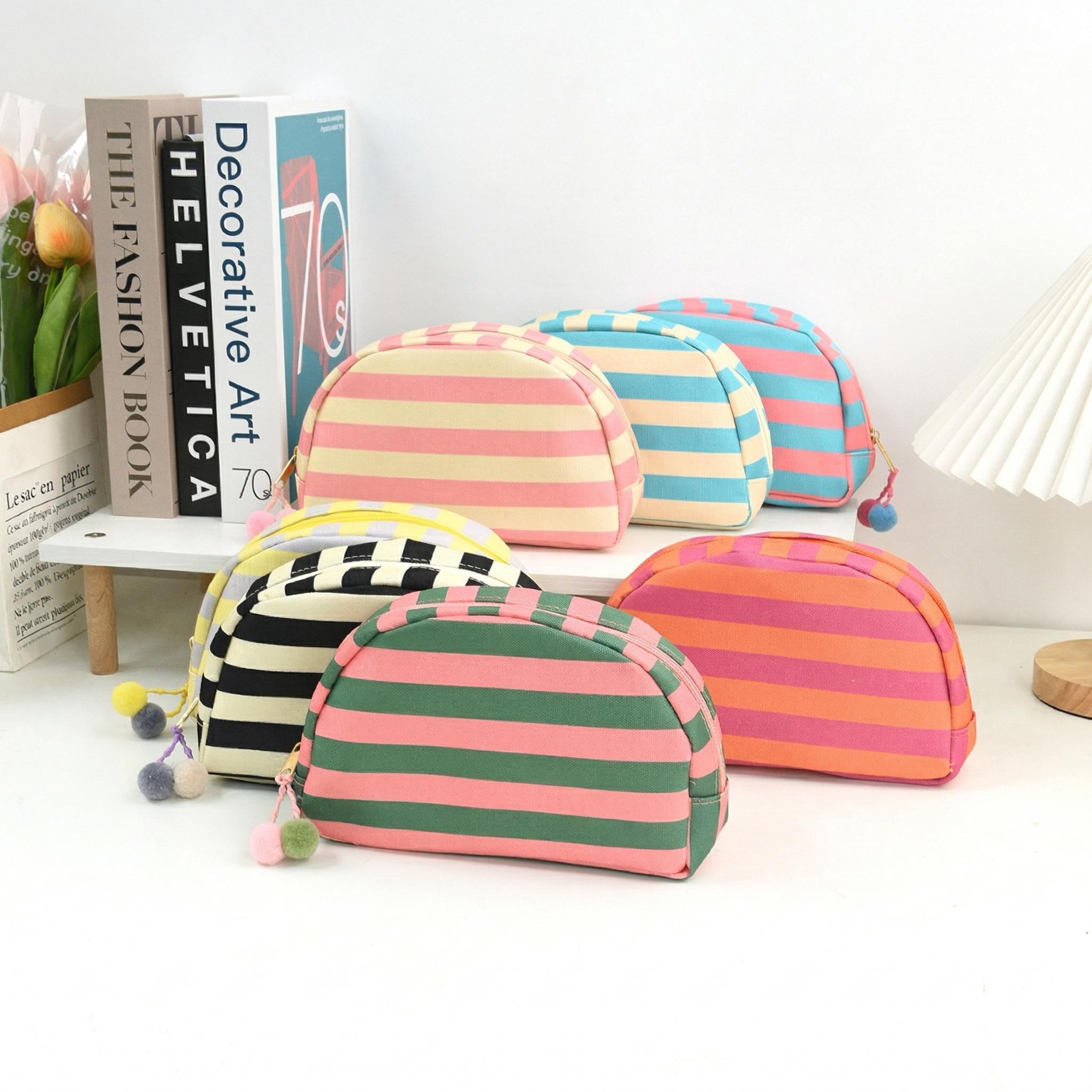Striped Half Moon Makeup Bag, Preppy Canvas Cosmetic Pouch with Cute Pom Pom Zipper, Large Travel Toiletry Organizer, Aesthetic Skincare Storage Bag for Women & Teen Girls