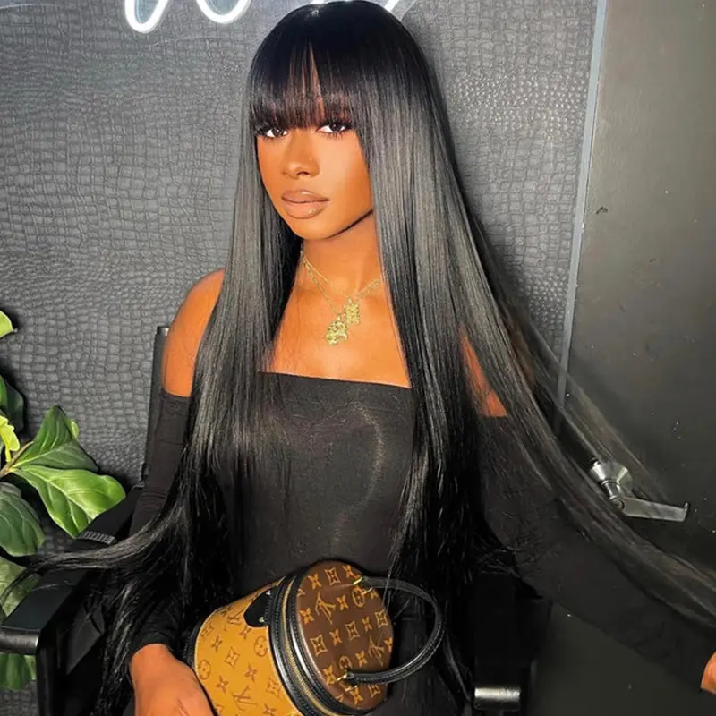 ISEE HAIR Straight Glueless Closure Wig With Bangs, Machine-Made Sew-In Human Hair Wig, Natural Black for Everyday Wear #ISEECrochetNewArrivals #SummerVibes