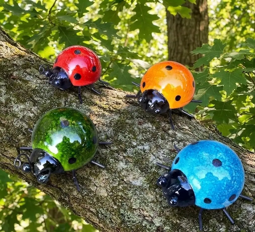 Handmade Colorful Glass Ladybug Figurines - Set of 4 - Red, Orange, Green, Blue - Indoor/Outdoor   - Unique Metal Leg Accent - Ideal Gift Option garden decor supply statue funny decoration sculpture