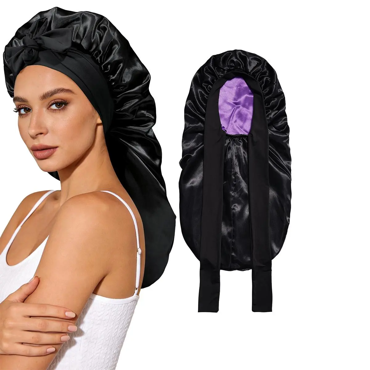 AWAYTR Long Satin Bonnet for Sleeping - Double Layer Reversible Silk Bonnet for Long Hair Women Sleeping Cap with Tie Band