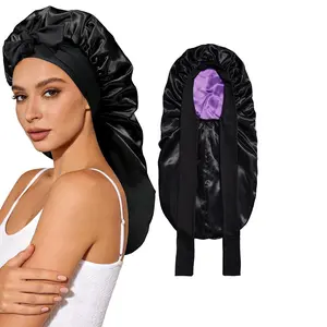 AWAYTR Long Satin Bonnet for Sleeping - Double Layer Reversible Silk Bonnet for Long Hair Women Sleeping Cap with Tie Band
