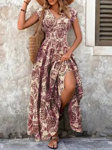 2026 New Vintage Print Dress, Fashion Elegant Aesthetic V-Neck Short Sleeve Fitted Long Dress, Women's Casual Summer Clothing
