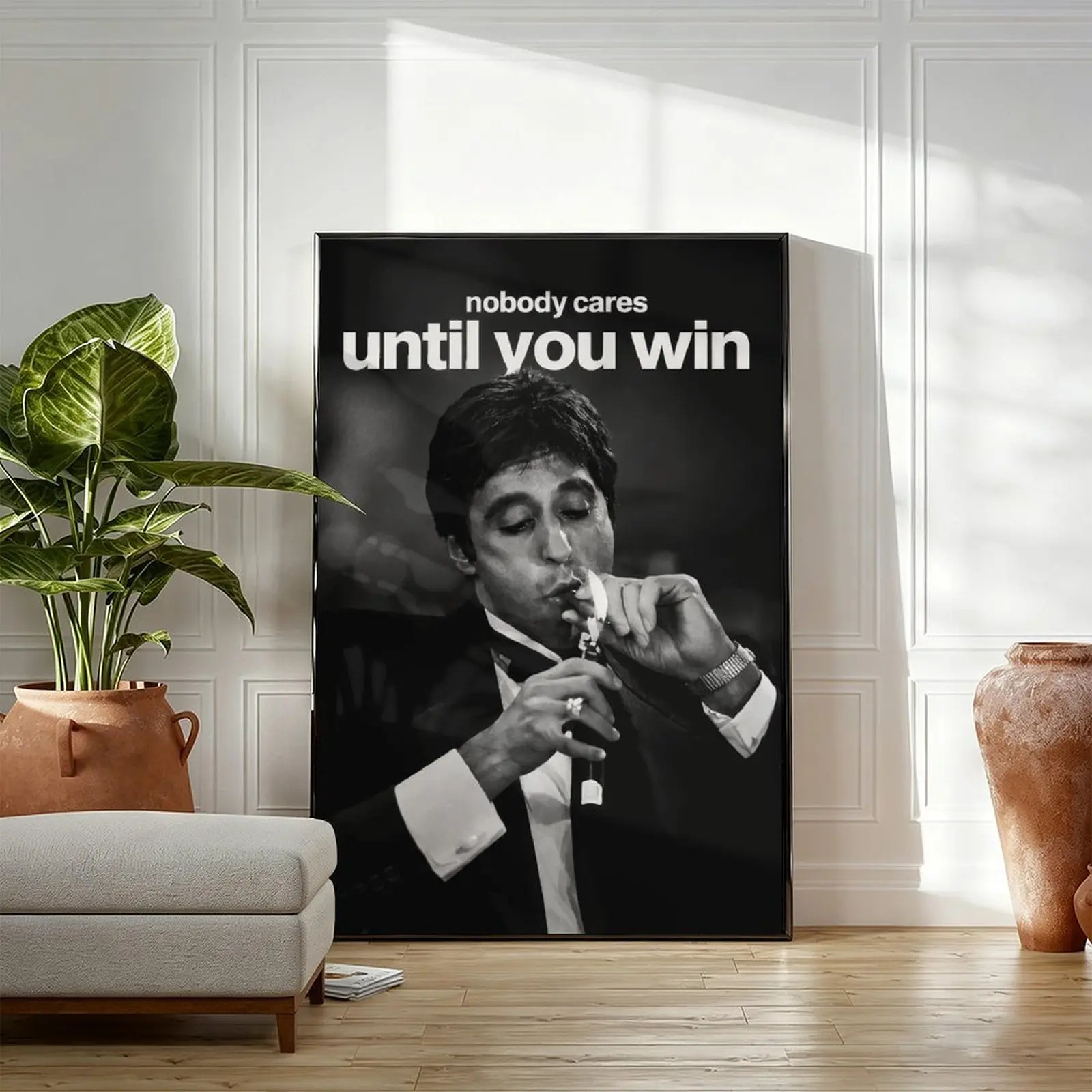 Scarface Tony Montana "Nobody Cares Until You Win" Bold Message Motivational Quote Print, Black-White Frameless Canvas Poster, Indoors Wall Art for Bedroom, Man Cave Decor, Home Supplies