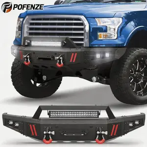 POFENZE-Mestan Front Bumper Fit for Ford F150 Excluding Raptor & Ecoboost) 2015-2017, Pickup Truck Bumper Black with WinchPlate, D-ring and Lights car accessories men