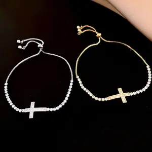 Cross Tennis Bracelet | Cubic Zirconia Adjustable Bracelet | Gold & Silver Christian Jewelry