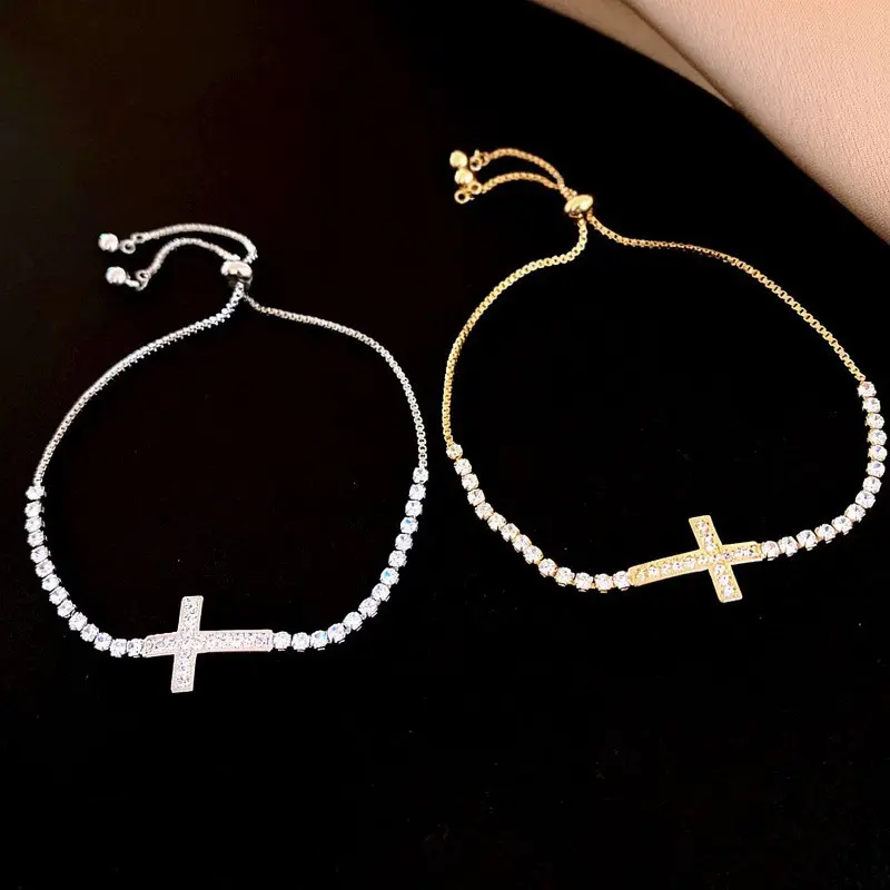 Cross Tennis Bracelet | Cubic Zirconia Adjustable Bracelet | Gold & Silver Christian Jewelry