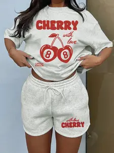 Womens Cherry 8 Ball Statement Graphic Two Piece Outfit 2026 Trendy Oversized T Shirt and Drawstring Shorts Set Casual Loungewear Vintage Streetwear for Summer Daily Going Out Soft Comfy Multiple Colors Available