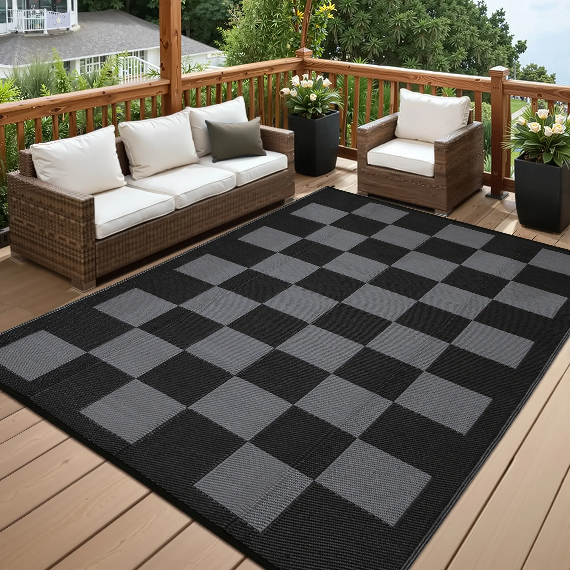 Outdoor Patio Rug Waterproof Outside Area Rugs Reversible Plastic Straw Carpet for RV Deck Camping Entryance Porch Picnic Balcony Beach