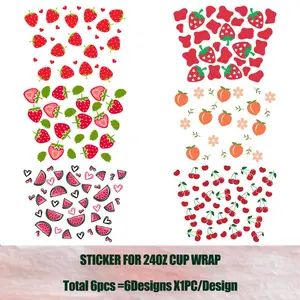 6 Fruit Theme Waterproof Transfer Stickers for 24oz Cups, UV DTF Cup Packaging Decals, Transparent Film Paper for Coffee Mugs & Travel Cups, UV Printing