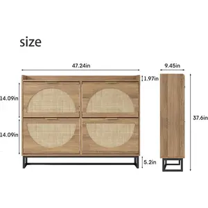 Rattan Shoe Storage Cabinet with 2 Flip Drawers, Freestanding Shoe Organizer with Metal Legs for Entryway, Hidden Golden Handles, Narrow Shoe Rack Cabinet, Rustic Oak Rattan
