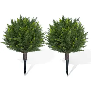 Garvee 24.4" Artificial Cedar Topiary Ball Trees, Set of 2 Faux Cypress Plants with Ground Spike, UV Resistant Artificial Bushes for Indoor and Outdoor Garden Decor