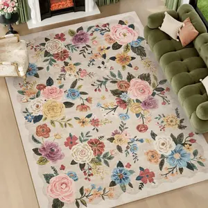 [Deals For You Days] Amoami Floral Washable Area Rug, Vintage Botanical Carpet, Soft Lightweight Rug, Non Slip TPR Backing, Machine Washable Indoor Rug for Living Room, Bedroom and Home Decor