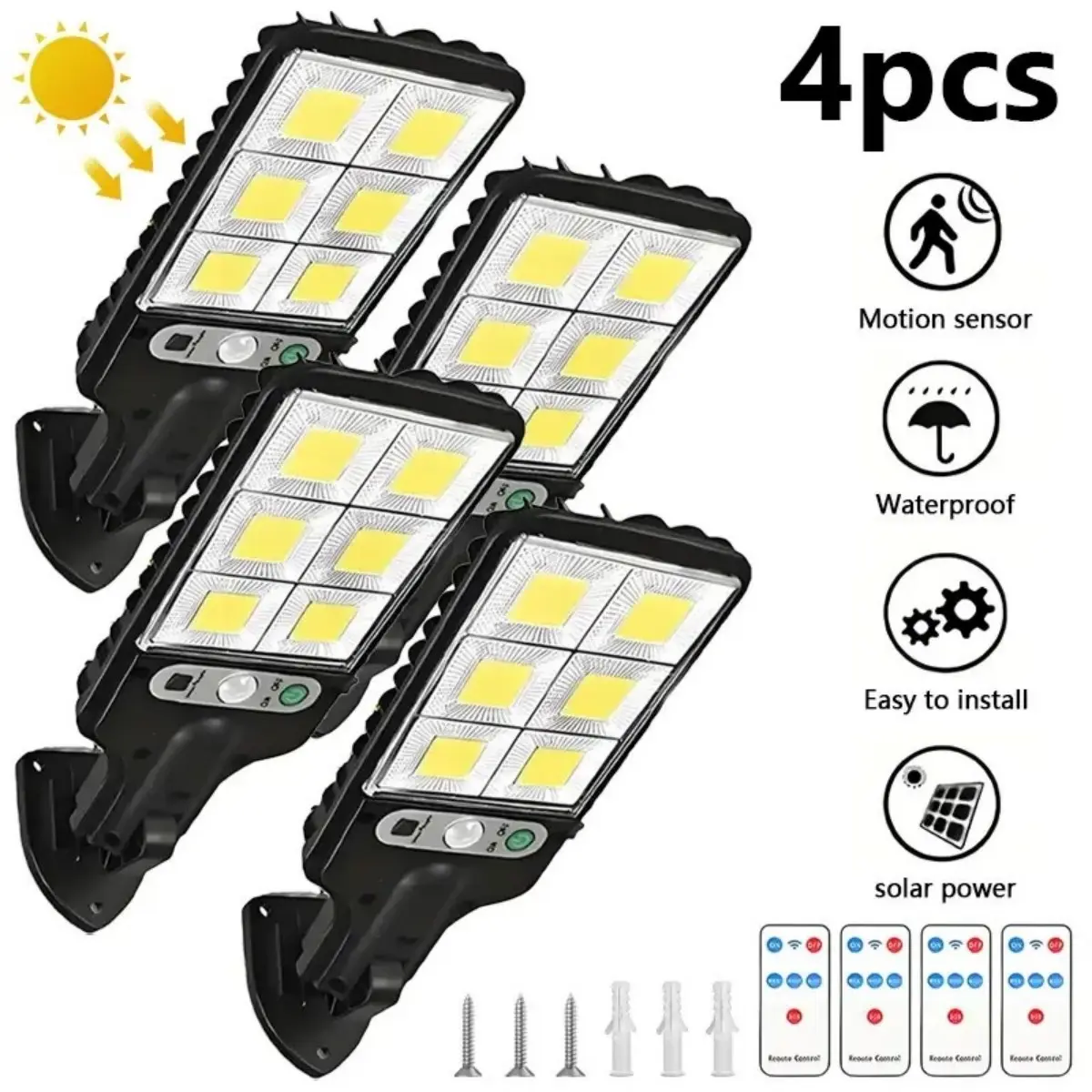 4 Pack Heavy-Duty Solar Pathway Lamps - 120 LEDs Each, Smart Remote, IP65 Waterproof, Motion Sensor, 3 Modes (Security/Dim/Highlight), Compact, Energy-Saving for Home Supplies Garden Bright Illumination, Solar Pathway Lamp, Solar Lights Outdoor