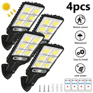 4 Pack Solar Street Light Outdoor with 120 LEDs Each, Smart Remote & IP65 Motion Sensor, 3 Modes (Security/Dim/Highlight) for Pathways, Garages, Backyards & Front Yards, Heavy-Duty Waterproof Lighting Solution for Home & Outdoor Areas, Courtyard lighting