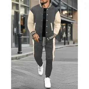 Men's Spring & Fall Long Sleeve Baseball Jacket Set, Heavyweight Stand Collar Dual Pocket Design, Vintage Style Casual