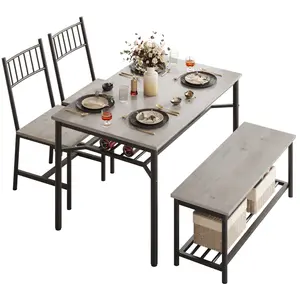 【GARVEE】Dining Table Set for 4 with Bench and 2 Chairs, Rectangular Kitchen Table Set with Wine Rack, Dining Room Table Set for 4 with Storage Benches for Small Space, Apartment, Gray