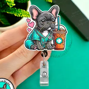 NataliaMade French Bulldog in Scrubs with Coffee Retractable Badge Reel- Black Frenchie ID Badge Holder for Nurses, Respiratory therapists, Vet Tech Veterinatrian Name Badges for Healthcare Staff