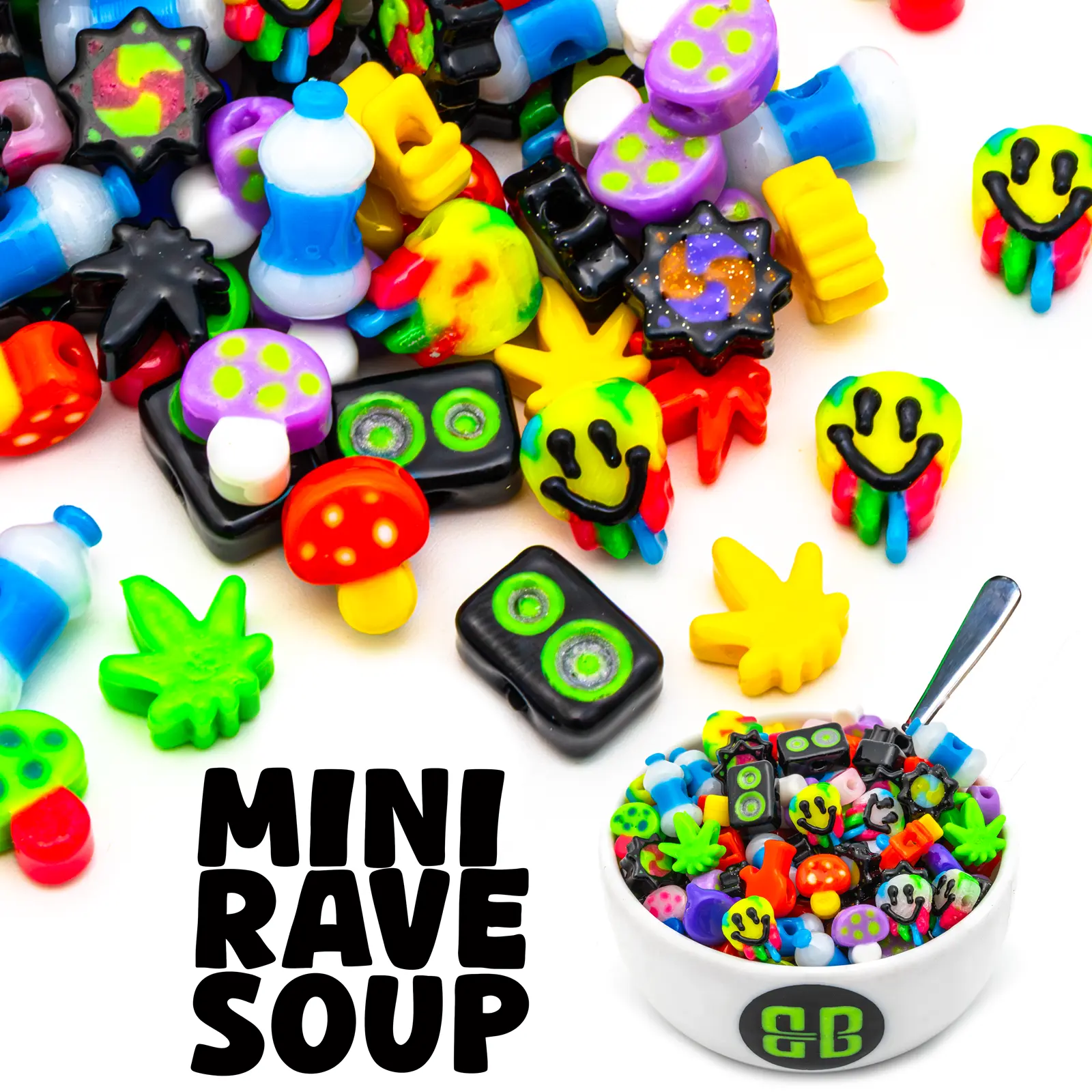 Mini Rave Bead Soup - Random Mix of Mini Rave & Festival Themed Plastic Beads by Weight (18+)