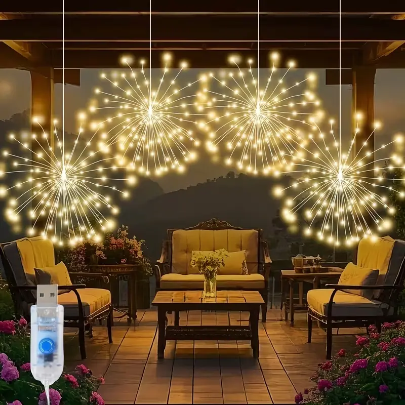 8 Modes USB Powered Firework Lights, Hanging Smart LED Strip, 360led Starburst Ball String Light, Outdoor Decoration Light, Outside Led Lights, Garden Decorative Lighting, Outdoor Indoor Decor for Porch, Patio, Garden, Wedding, Christmas