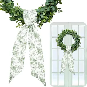 2 Pcs Green Flower Wreath Sash for Front Door, Chinoiserie Floral Garland Ribbon for Holiday Party Home Decor for Indoor Outdoor