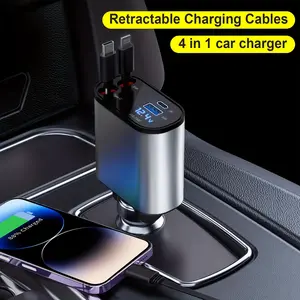 1 Piece 4 in 1 Retractable Car Charger [Max100W], USB C Fast Charging Adapter with Lightning Cable and Dual Charging Ports, iPhone, Android