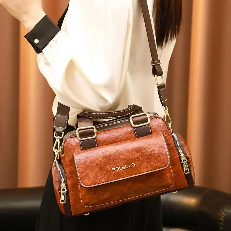 A112-Vintage Textured Leather Boston Bag Casual Handbag Shoulder