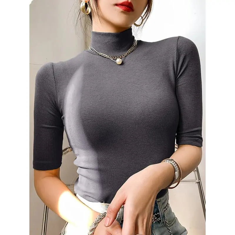 New styleBasic  T Shirt Turtleneck Slim Tshirt Short Sleeve T-shirts Female Casual Elasticity White Tee Shirt Femme Woman
