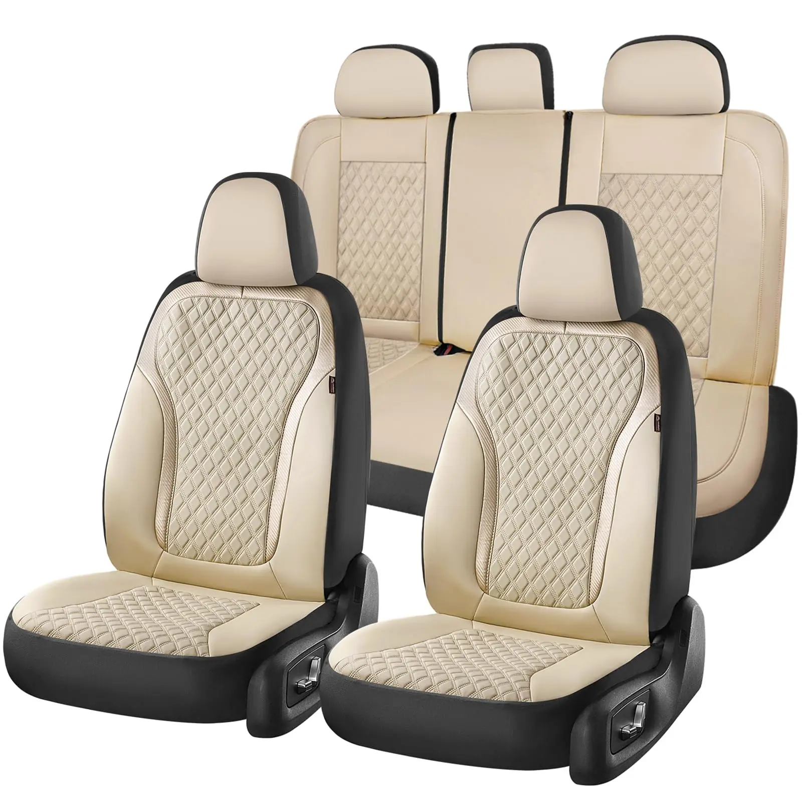 Coverado Front Seat Covers, 2-Pack Luxury Leather Car Seat Cover with Carbon Fiber Weave, Waterproof Car Seat Protectors, Spill-Proof Car Seat Cushion, Beige Seat Covers Universal Fit for Most Cars【59003】