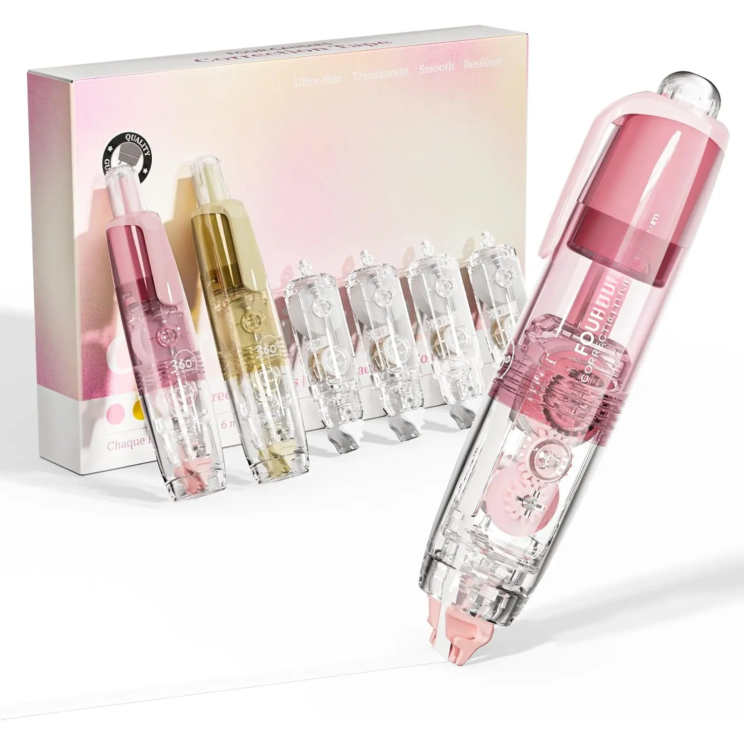 Refillable Retractable White Correction Tape (2-Count, Pink Apricot) - Unisex Wide 0.23"w Smooth Push-Pull Tape, Aesthetic Pen-Shaped Applicator, 4 Extra Refills, Back to School Haul Office Supplies, Retractable Pens, Newspaper Use